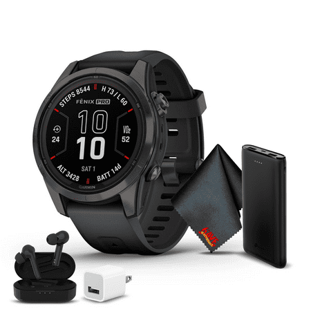Garmin Fenix 7S Pro Sapphire Solar Edition GPS Smartwatch Built-in Flashlight And Power Sapphire Solar Charging Lens And Advanced Training Features With Carbon Gray DLC Titanium, Black Band 42 Mm