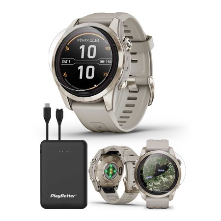 Garmin Fenix 7S Pro Sapphire Solar (Soft Gold/Light Sand) Multisport GPS Smartwatch | Bundle with PlayBetter Screen Protectors & Portable Charger