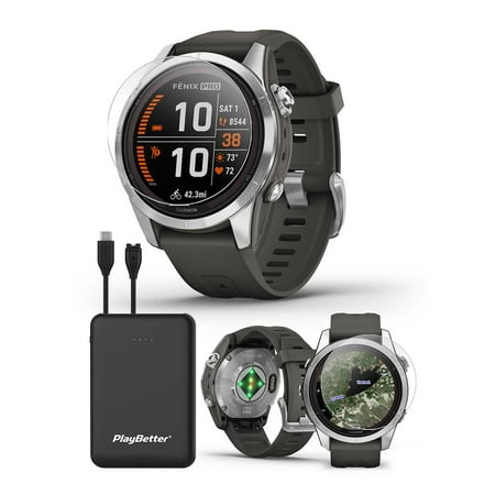 Garmin Fenix 7S Pro Solar (Silver/Graphite) Multisport GPS Smartwatch | Built-in Flashlight, Solar Charging | Bundle with PlayBetter Screen Protectors & Portable Charger
