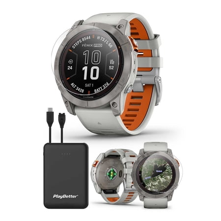 Garmin Fenix 7X Pro Sapphire Solar (Fog Gray/Ember Orange) Multisport GPS Smartwatch | Bundle with PlayBetter Screen Protectors & Portable Charger