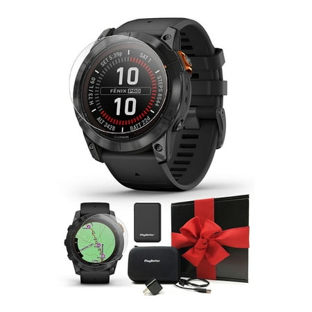 Garmin Fenix 7X Pro Solar (Slate/Black) Multisport GPS Smartwatch | Built-in Flashlight, Solar Charging | Gift Box with PlayBetter Screen Protectors, Charger, Wall Adapter, & Case