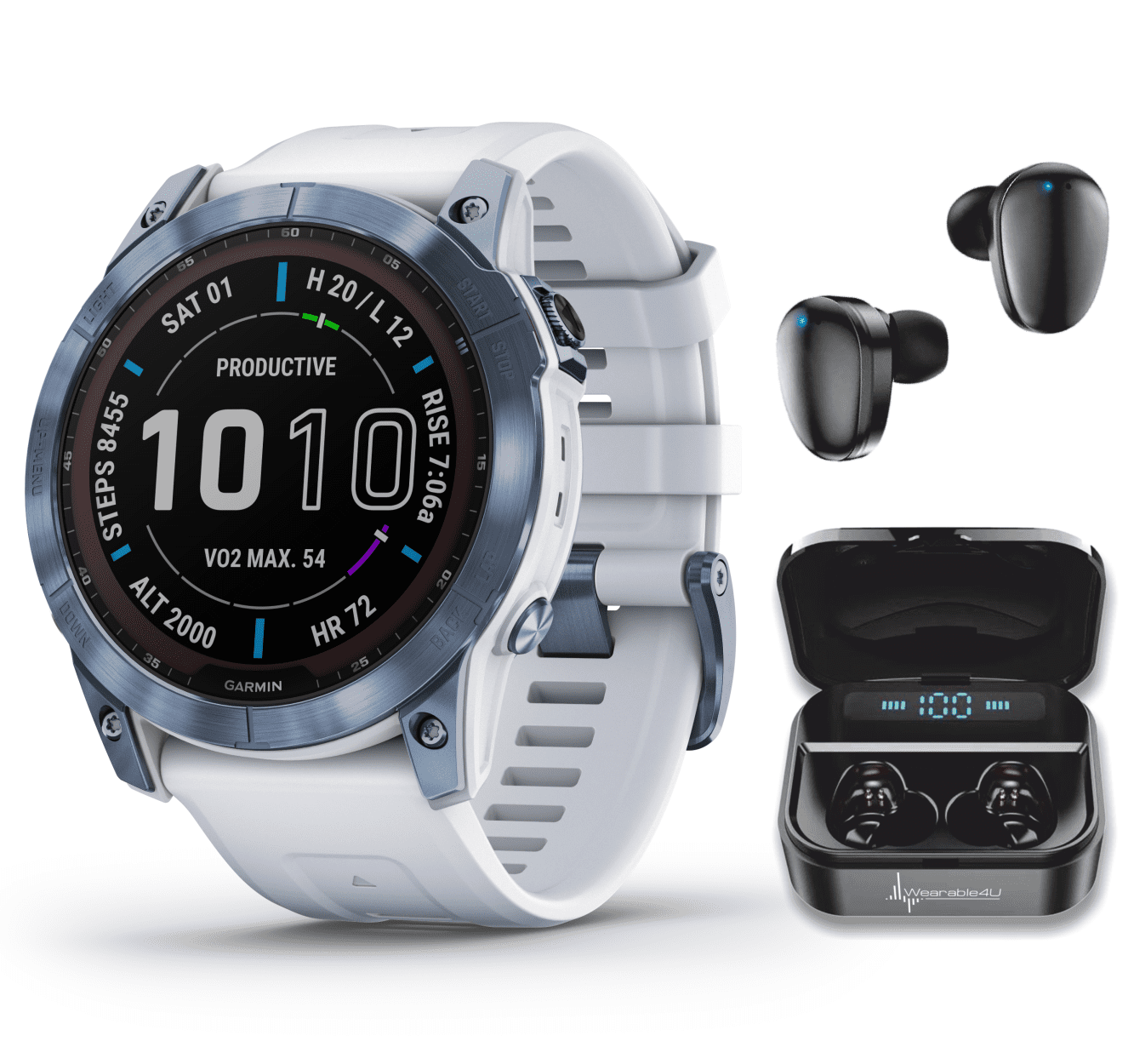 Garmin with Blue 7X Titanium with Touchscreen Solar Black Multisport Fenix Band DLC EarBuds Mineral GPS Whitestone Sapphire Smartwatch, Wearable4U Bundle