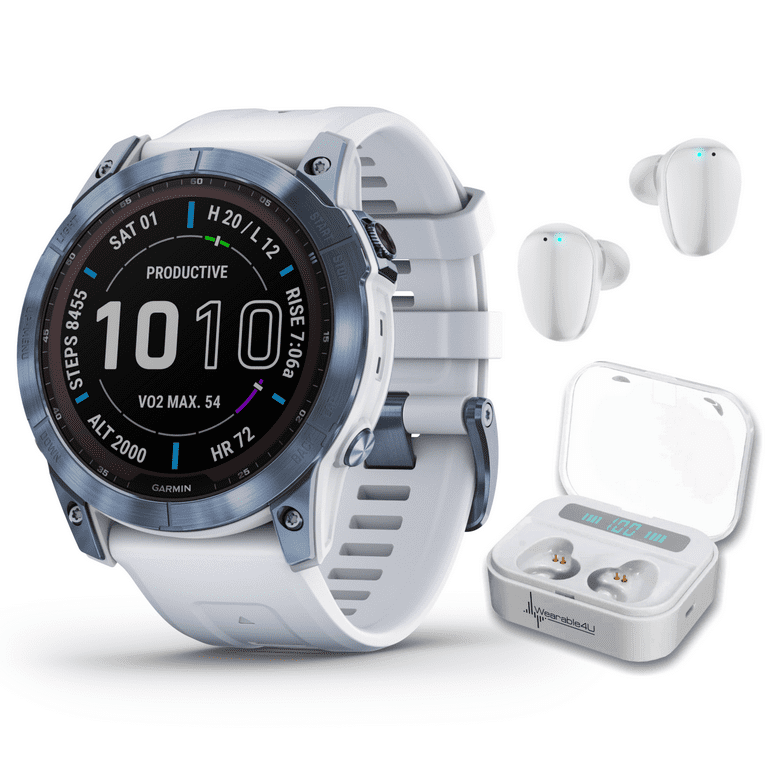 Garmin Fenix 7X Sapphire Solar Multisport GPS Touchscreen Smartwatch,  Mineral Blue DLC Titanium with Whitestone Band with Wearable4U White  EarBuds Bundle 
