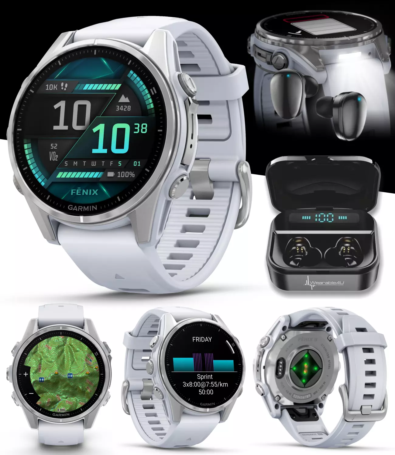 Garmin Fenix 8ÂÂ 43 mm, AMOLED Multisport GPS Smartwatch, Silver with Whitestone Silicone Band, Built-in LED Flashlight with Black EarBuds