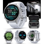 Garmin Fenix 8ÂÂ 43 mm, AMOLED Multisport GPS Smartwatch, Silver with Whitestone Silicone Band, Built-in LED Flashlight with Black EarBuds