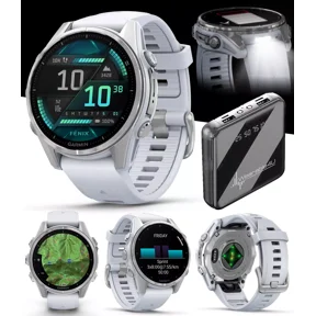 Garmin Fenix 8 43 mm, AMOLED Multisport GPS Smartwatch, Silver with Whitestone Silicone Band, Built-in LED Flashlight with Power Bank