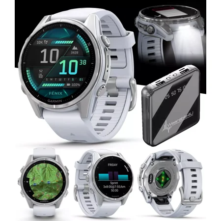 Garmin Fenix 8 43 mm, AMOLED Multisport GPS Smartwatch, Silver with Whitestone Silicone Band, Built-in LED Flashlight with Power Bank