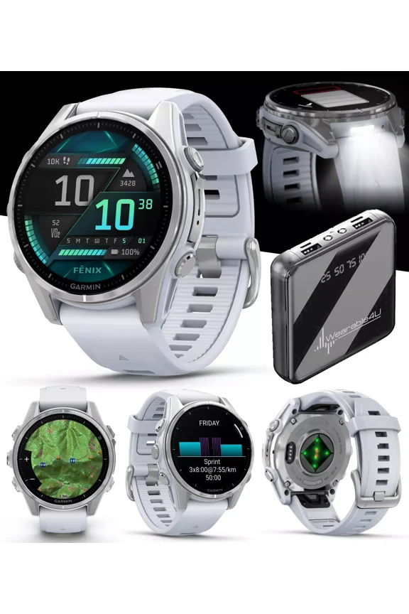 Garmin Fenix 8 43 mm, AMOLED Multisport GPS Smartwatch, Silver with Whitestone Silicone Band, Built-in LED Flashlight with Power Bank