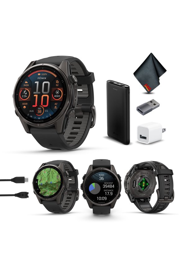 Fenix 8 43MM AMOLED Sapphire Multisport GPS Smartwatch Carbon Gray DLC Titanium with Black Gray Silicone Band, Built-in LED Flashlight Charging Bundle
