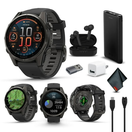 Garmin Fenix 8 43MM AMOLED Sapphire Multisport GPS Smartwatch Carbon Gray DLC Titanium with Black Gray Silicone Band, Built-in LED Flashlight Charging Bundle