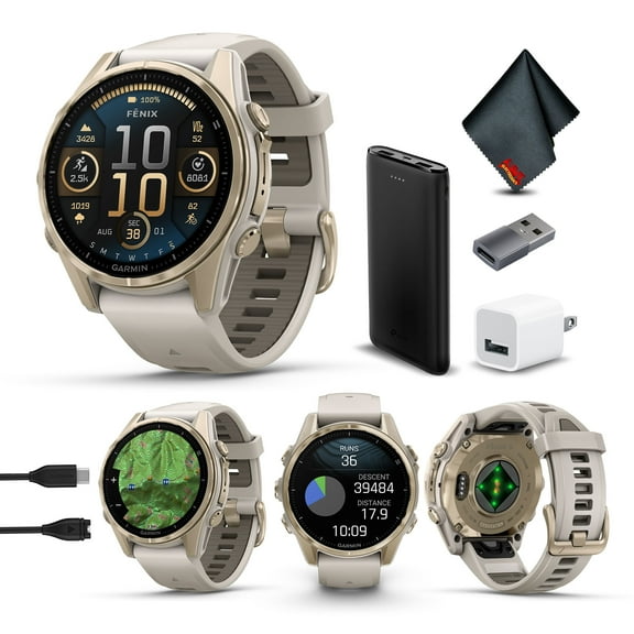 Garmin Fenix 8 43MM AMOLED Sapphire Multisport GPS Smartwatch Sapphire, Soft Gold with Fog Gray/Sandstone Silicone Band Charging Bundle