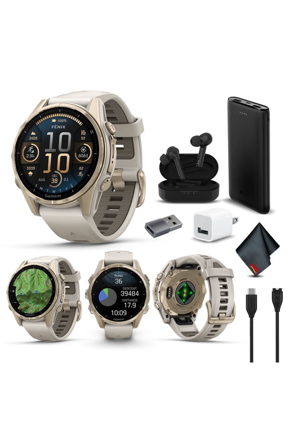 Fenix 8 43MM AMOLED Sapphire Multisport GPS Smartwatch Sapphire, Soft Gold with Fog Gray/ Sandstone Silicone Band with Accessories