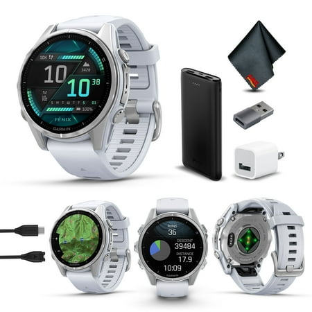 Garmin Fenix 8 43MM AMOLED Sapphire Multisport GPS Smartwatch Silver with Whitestone Silicone Band Charging Bundle