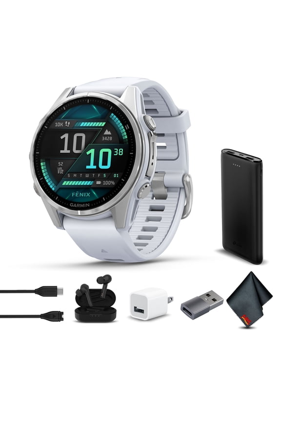 Fenix 8 43MM AMOLED Sapphire Multisport GPS Smartwatch Silver with Whitestone Silicone Band with Accessories