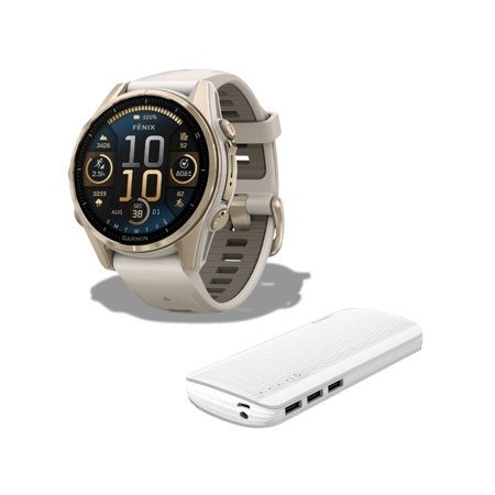Garmin Fenix 8 43mm AMOLED Display GPS Smartwatch (Soft Gold and Fog Gray-Dark Sandstone) Bundle with Power Bank (2 Items)