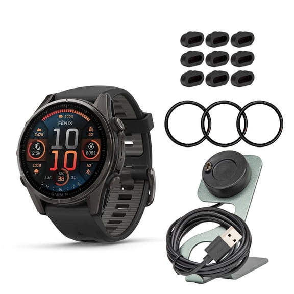 Garmin Fenix 8 43mm GPS Smartwatch (Carbon Gray DLC Titanium and Black-Pebble Gray) Bundle with Charger Stand and Cable, Screen Protector, and Charger Port Protector (4 Items)