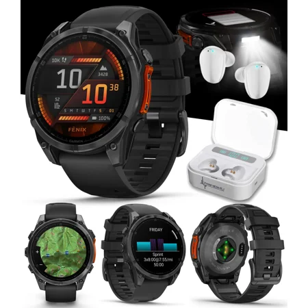 Garmin Fenix 8 47 mm, AMOLED Slate Gray with Black Silicone Band Multisport GPS Smartwatch with White EarBuds