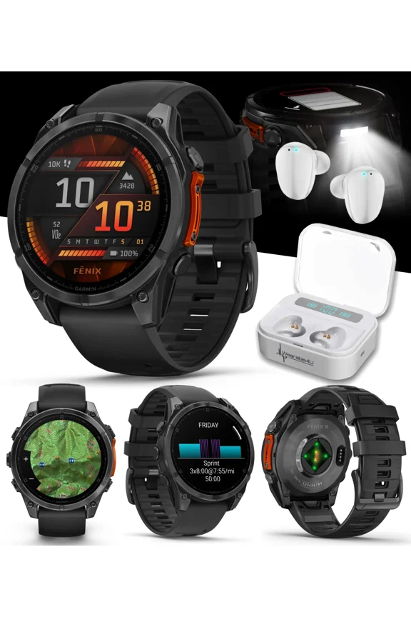 Garmin Fenix 8 47 mm, AMOLED Slate Gray with Black Silicone Band Multisport GPS Smartwatch with White EarBuds