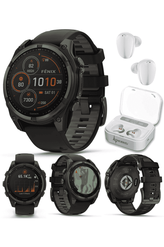 Garmin Fenix 8 47 mm Multisport GPS Smartwatch, Solar, Sapphire, Carbon Gray DLC Titanium with Black/Pebble Gray Silicone, Built-in LED Flashlight with Wearable4U White EarBuds Bundle