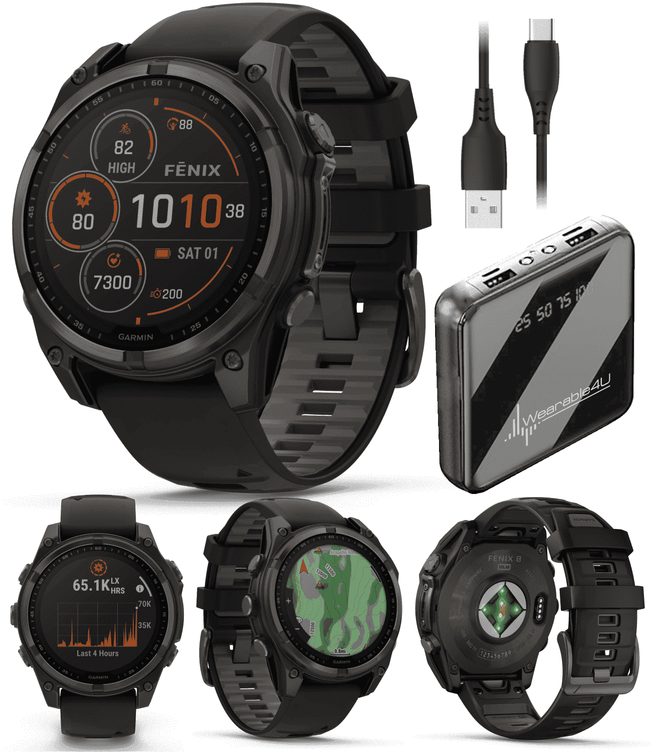 Garmin Fenix 8 47 mm Multisport GPS Smartwatch, Solar, Sapphire, Carbon Gray DLC Titanium with Black/Pebble Gray Silicone, Built-in LED Flashlight with Wearable4U Power Bank Bundle