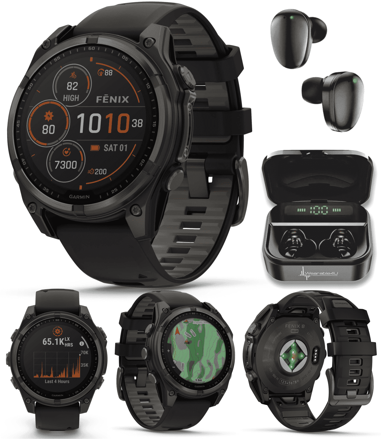 Garmin Fenix 8, 47 mm Multisport GPS Smartwatch, Solar, Sapphire, Carbon Gray DLC Titanium with Black/Pebble Gray Silicone, Built-in LED Flashlight with Wearable4U Black EarBuds Bundle