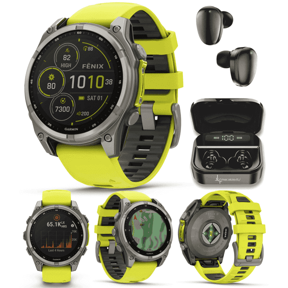 Garmin Fenix 8 47 mm Multisport GPS Smartwatch, Solar, Sapphire, Titanium with Amp Yellow/Graphite Silicone, Built-in LED Flashlight with Wearable4U Black EarBuds Bundle
