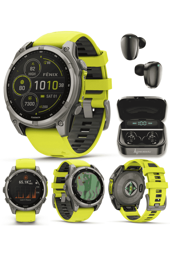 Garmin Fenix 8 47 mm Multisport GPS Smartwatch, Solar, Sapphire, Titanium with Amp Yellow/Graphite Silicone, Built-in LED Flashlight with Wearable4U Black EarBuds Bundle