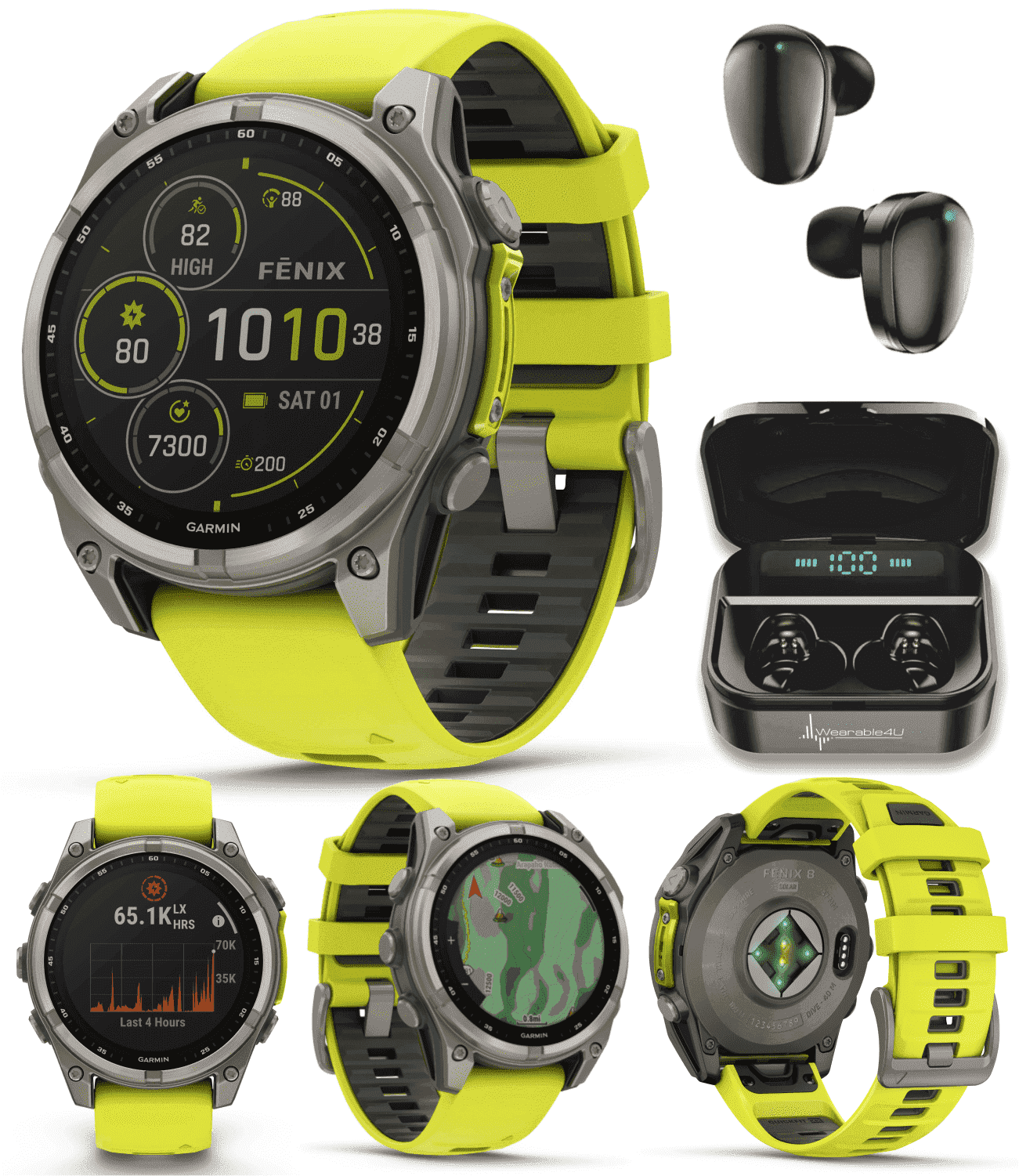 Garmin Fenix 8 47 mm Multisport GPS Smartwatch, Solar, Sapphire, Titanium with Amp Yellow/Graphite Silicone, Built-in LED Flashlight with Wearable4U Black EarBuds Bundle