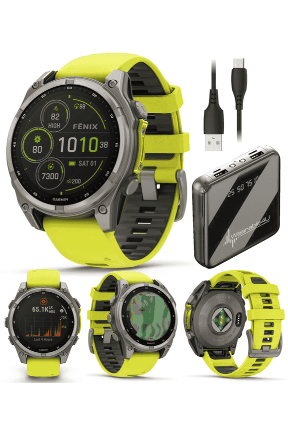 Garmin Fenix 8 47 mm Multisport GPS Smartwatch, Solar, Sapphire, Titanium with Amp Yellow/Graphite Silicone, Built-in LED Flashlight with Wearable4U Power Bank Bundle