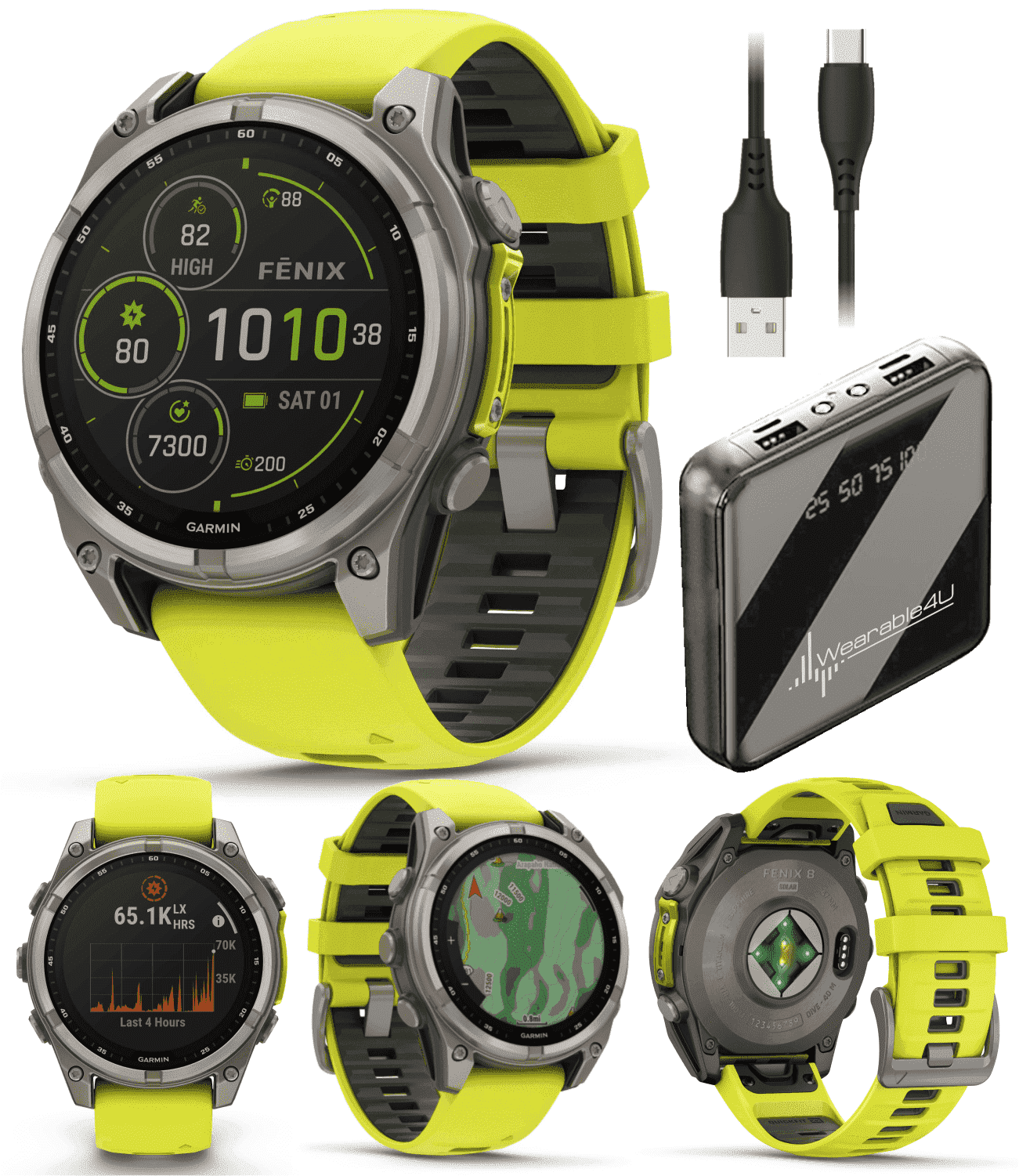 Garmin Fenix 8 47 mm Multisport GPS Smartwatch, Solar, Sapphire, Titanium with Amp Yellow/Graphite Silicone, Built-in LED Flashlight with Wearable4U Power Bank Bundle