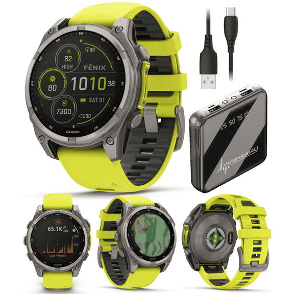Garmin Fenix 8 47 mm Multisport GPS Smartwatch, Solar, Sapphire, Titanium with Amp Yellow/Graphite Silicone, Built-in LED Flashlight with Wearable4U Power Bank Bundle