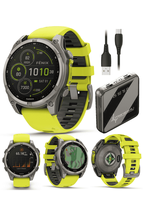 Garmin Fenix 8 47 mm Multisport GPS Smartwatch, Solar, Sapphire, Titanium with Amp Yellow/Graphite Silicone, Built-in LED Flashlight with Wearable4U Power Bank Bundle