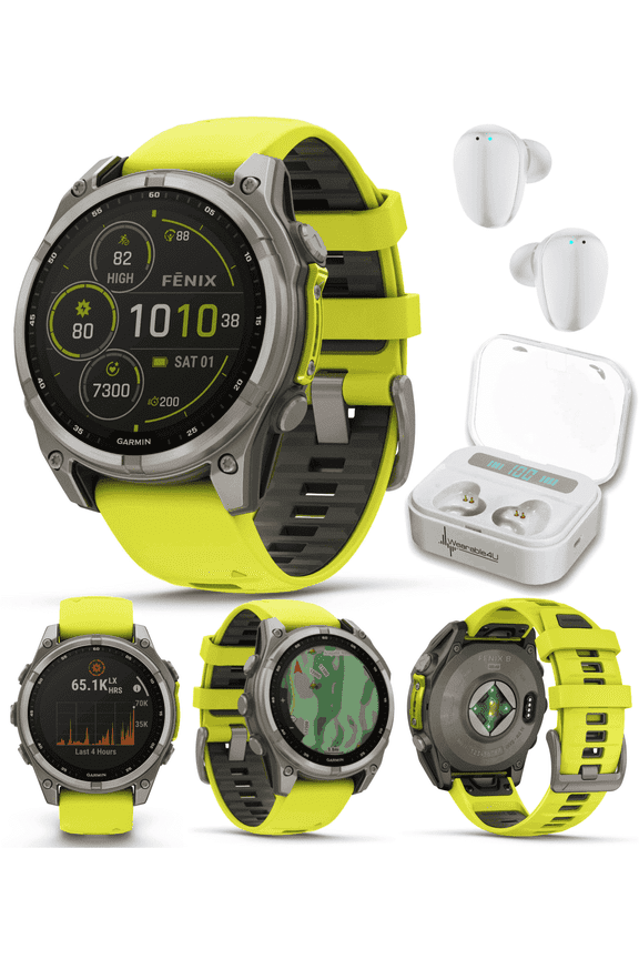 Garmin Fenix 8 47 mm Multisport GPS Smartwatch, Solar, Sapphire, Titanium with Amp Yellow/Graphite Silicone, Built-in LED Flashlight with Wearable4UWhite EarBuds Bundle