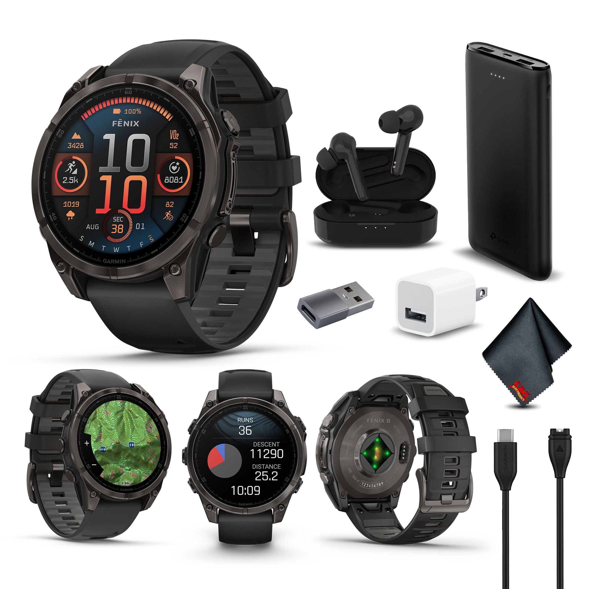 Garmin Fenix 8 47MM AMOLED Sapphire GPS Smartwatch Carbon Gray DLC Titanium with Black Gray Silicone Band Bundle