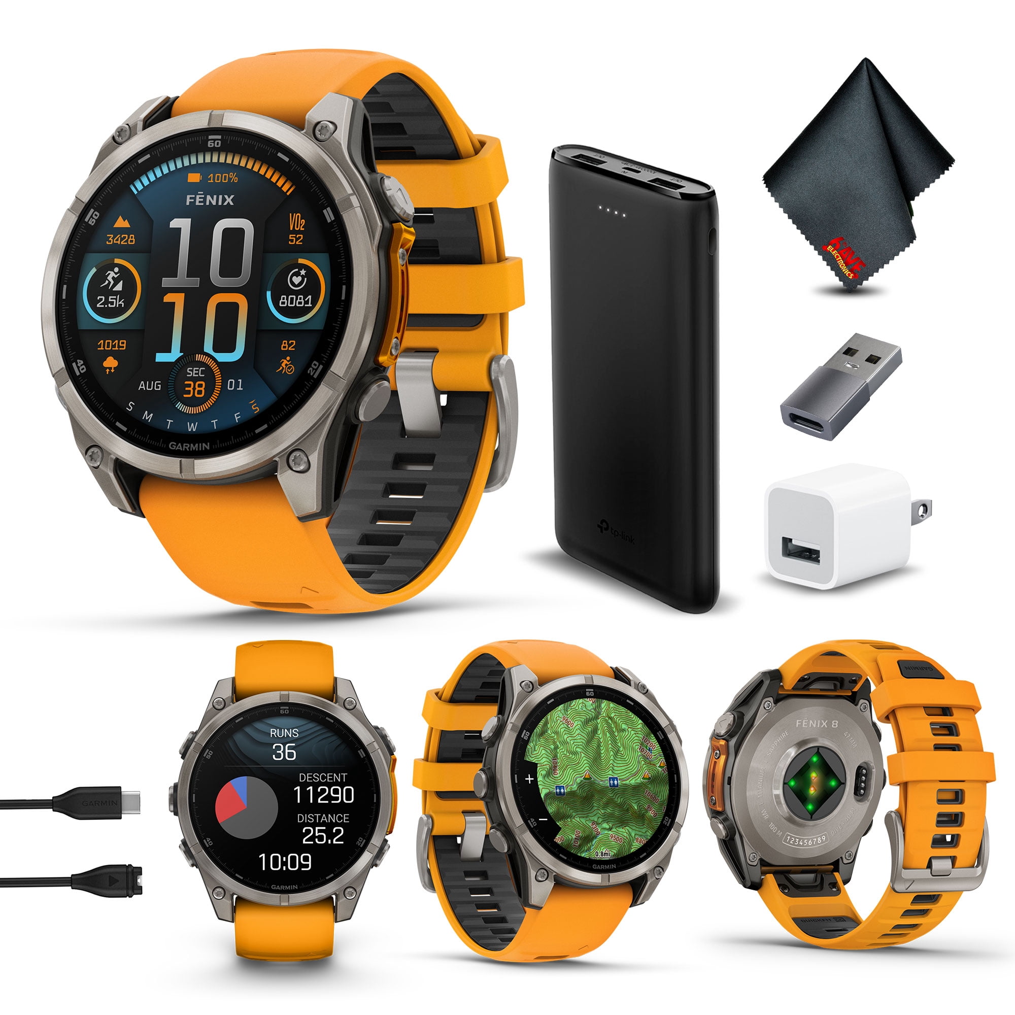 Garmin Fenix 8 47MM AMOLED Sapphire Multisport GPS Smartwatch Titanium with Spark Orange/Graphite Silicone Band Bundle