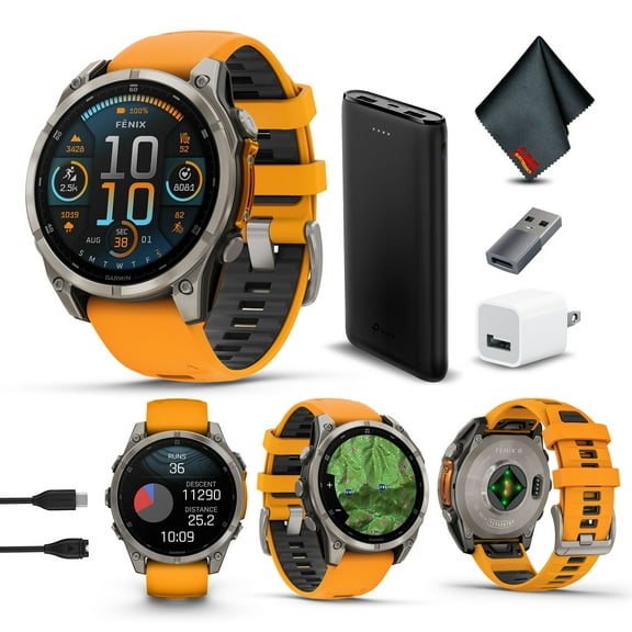 Garmin Fenix 8 47MM AMOLED Sapphire Multisport GPS Smartwatch Titanium with Spark Orange/Graphite Silicone Band Bundle