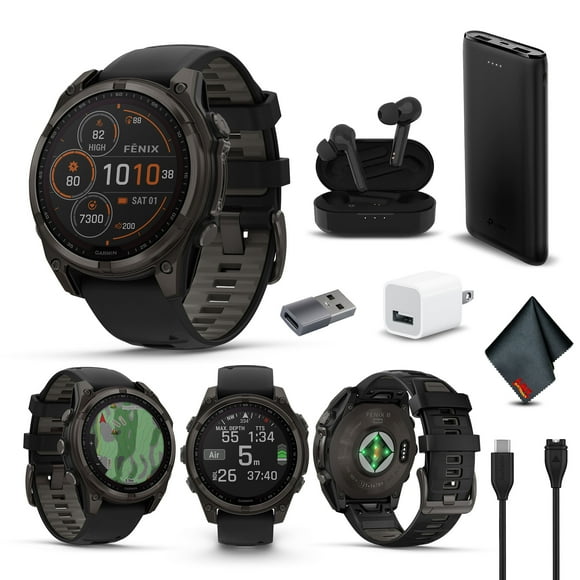 Garmin Fenix 8 47MM Solar Sapphire GPS Multisport Smartwatch Carbon Gray DLC Titanium with Black Gray Silicone Band, Built-in LED Flashlight Bundle with Accessories