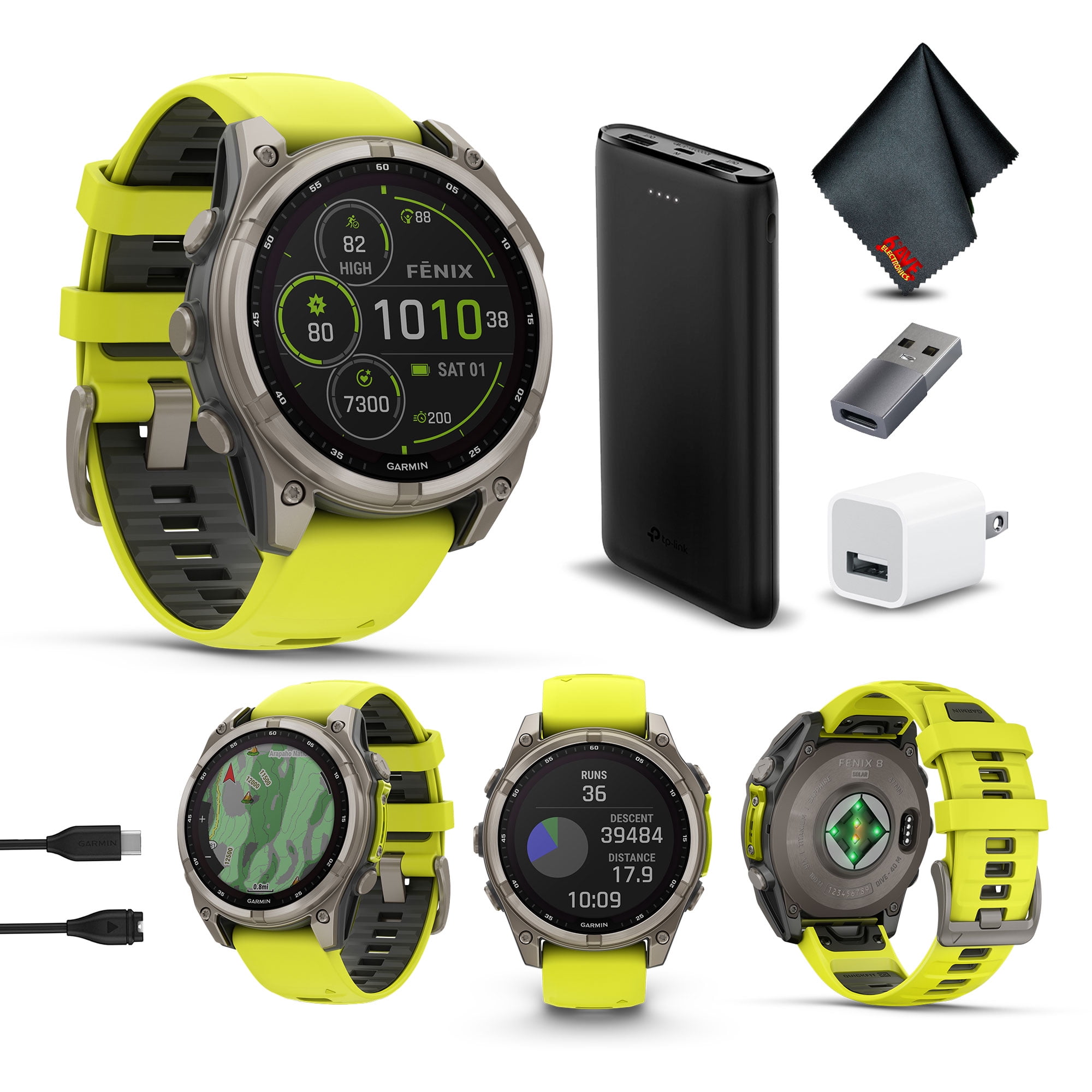 Garmin Fenix 8 47MM Solar Sapphire Multisport GPS Smartwatch Titanium with Amp Yellow Silicone Band, 48 Days Battery Life, Built-in LED flashlight, Health & Fitness Smart Watch Bundle for Men & Women