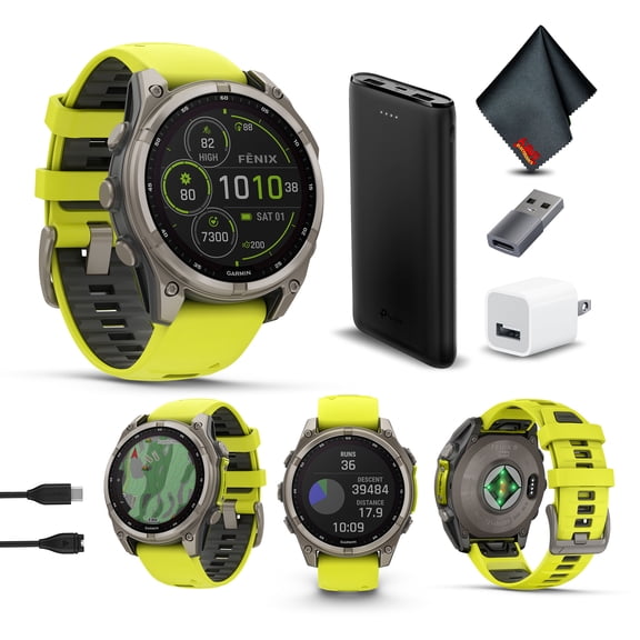 Garmin Fenix 8 47MM Solar Sapphire Multisport GPS Smartwatch Titanium with Amp Yellow Silicone Band, 48 Days Battery Life, Built-in LED flashlight, Health & Fitness Smart Watch Bundle for Men & Women