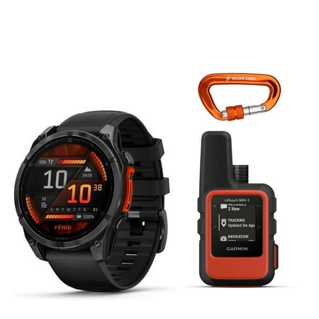 Garmin Fenix 8 47mm GPS Smartwatch with 1.4-Inch AMOLED Display (Slate Gray and Black) Bundle with Garmin inReach Mini 2 Satellite Communicator (Red), and Heavy Duty Carabiner (Orange) (3 Items)