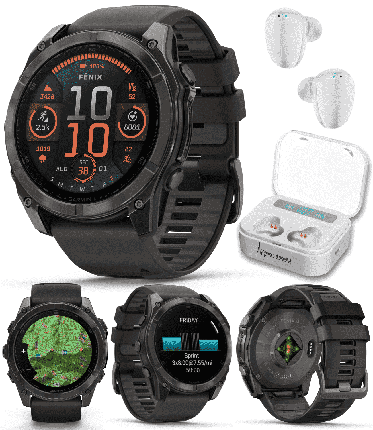Garmin Fenix 8ÂÂ 51 mm, AMOLED Multisport GPS Smartwatch, Sapphire, Carbon Gray DLC Titanium with Black/Pebble Gray Silicone, Built-in LED Flashlight with Wearable4U White EarBuds Bundle
