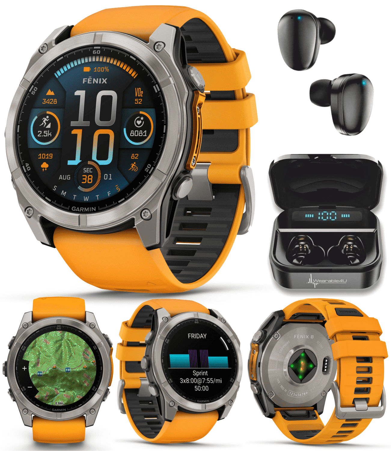 Garmin Fenix 8 - 51 mm, AMOLED Multisport GPS Smartwatch, Sapphire, Titanium with Spark Orange/Graphite Silicone Band, Built-in LED Flashlight with Wearable4U Black EarBuds Bundle