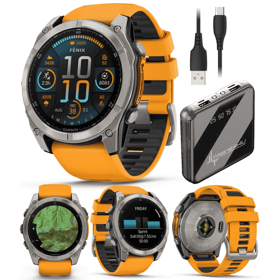 Garmin Fenix 8 - 51 mm, AMOLED Multisport GPS Smartwatch, Sapphire, Titanium with Spark Orange/Graphite Silicone Band, Built-in LED Flashlight with Wearable4U Power Bank Bundle