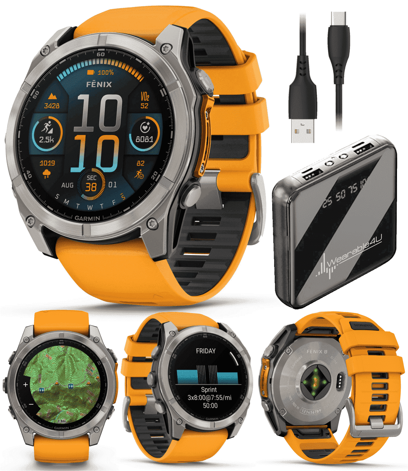 Garmin Fenix 8 - 51 mm, AMOLED Multisport GPS Smartwatch, Sapphire, Titanium with Spark Orange/Graphite Silicone Band, Built-in LED Flashlight with Wearable4U Power Bank Bundle