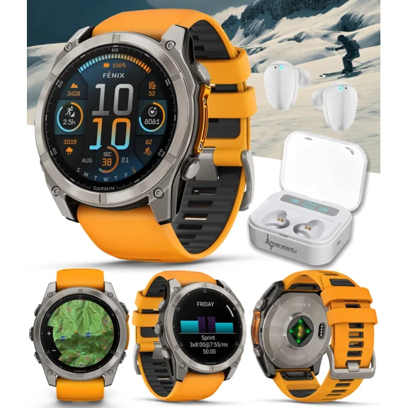 Garmin Fenix 8 - 51 mm, AMOLED Multisport GPS Smartwatch, Sapphire, Titanium with Spark Orange/Graphite Silicone Band, Built-in LED Flashlight with Wearable4U White EarBuds Bundle