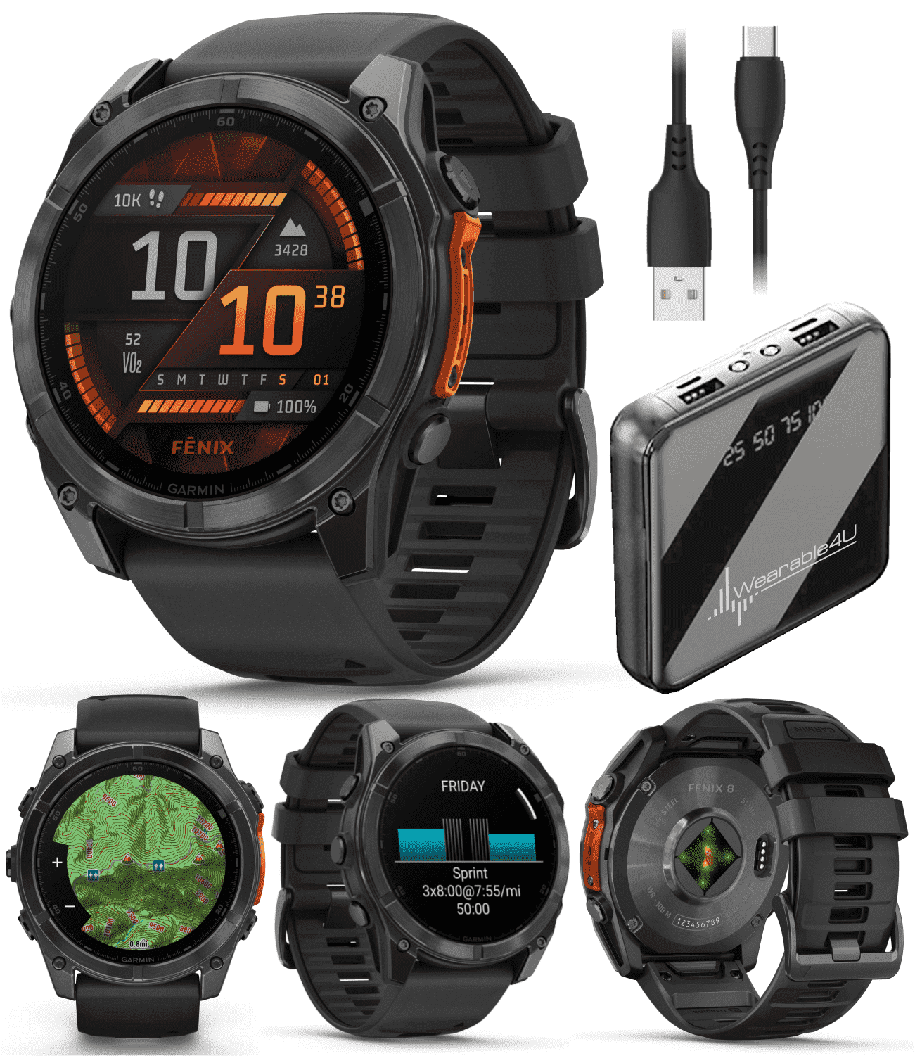 Garmin Fenix 8 51 mm, AMOLED Multisport GPS Smartwatch, Slate Gray with Black Silicone Band, Built-in LED Flashlight with Wearable4U Power Bank Bundle