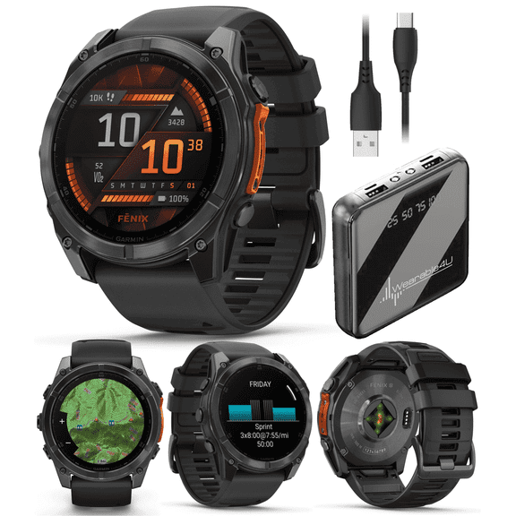 Garmin Fenix 8 51 mm, AMOLED Multisport GPS Smartwatch, Slate Gray with Black Silicone Band, Built-in LED Flashlight with Wearable4U Power Bank Bundle