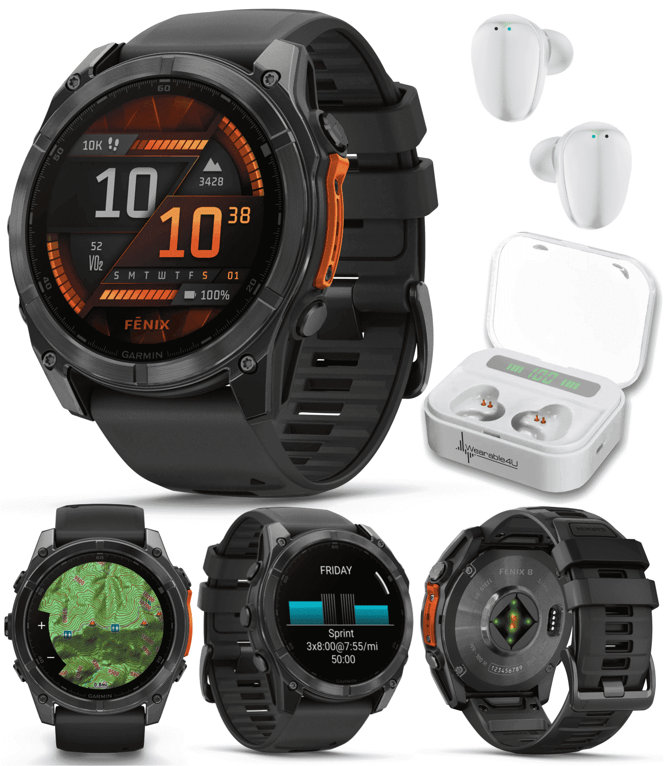 Garmin Fenix 8 51 mm, AMOLED Multisport GPS Smartwatch, Slate Gray with Black Silicone Band, Built-in LED Flashlight with Wearable4U White EarBuds Bundle