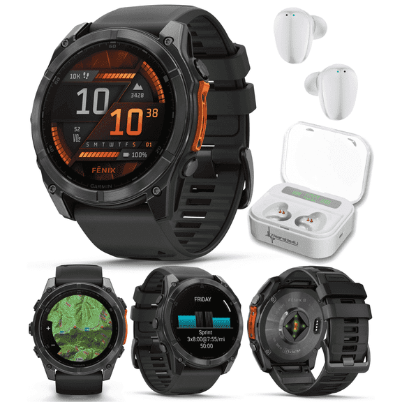 Garmin Fenix 8 51 mm, AMOLED Multisport GPS Smartwatch, Slate Gray with Black Silicone Band, Built-in LED Flashlight with Wearable4U White EarBuds Bundle