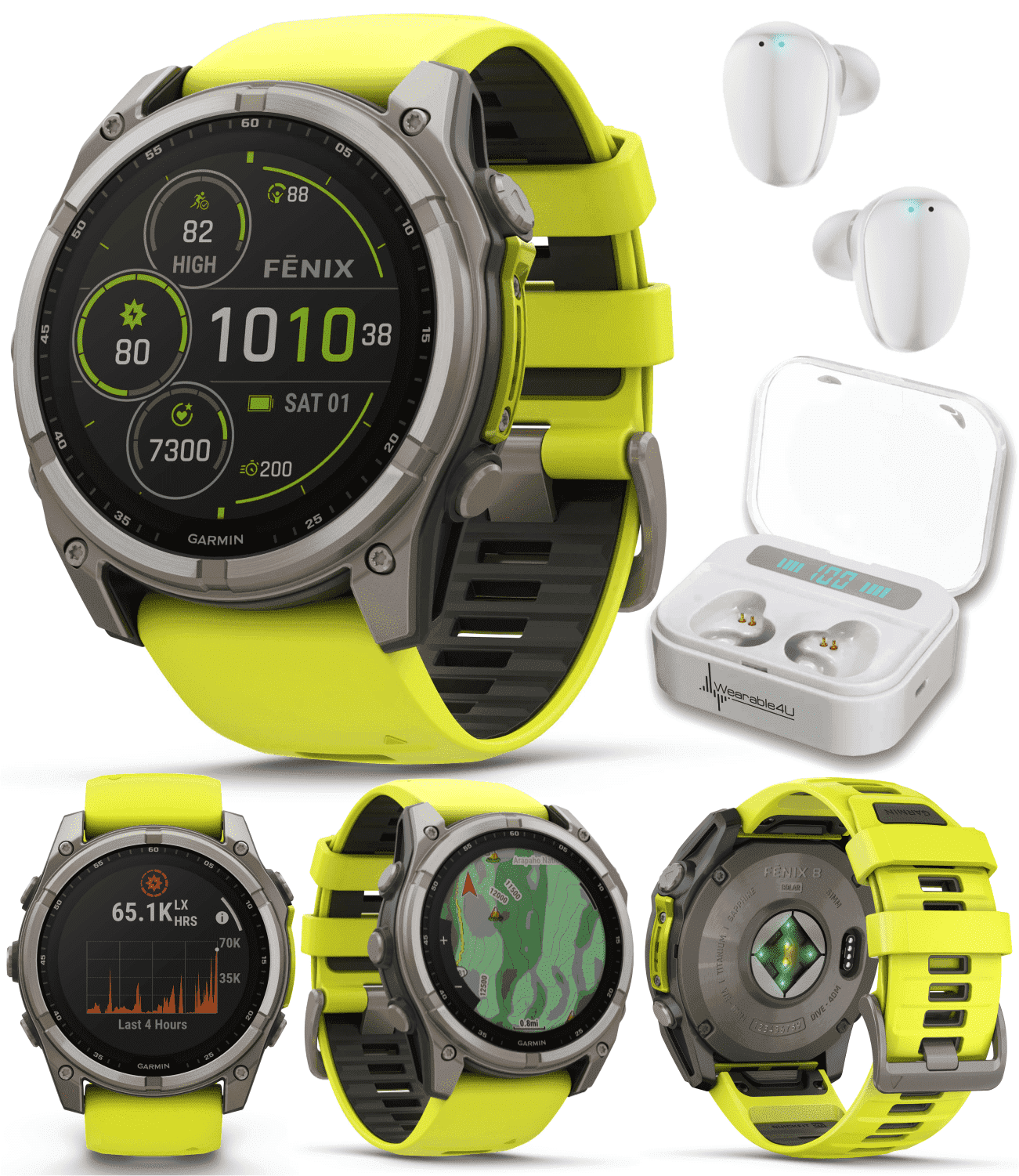 Garmin Fenix 8  51 mm, Solar, Sapphire Amp Yellow/Graphite Silicone GPS AMOLED Smartwatch with Wearable4U White EarBuds Bundle